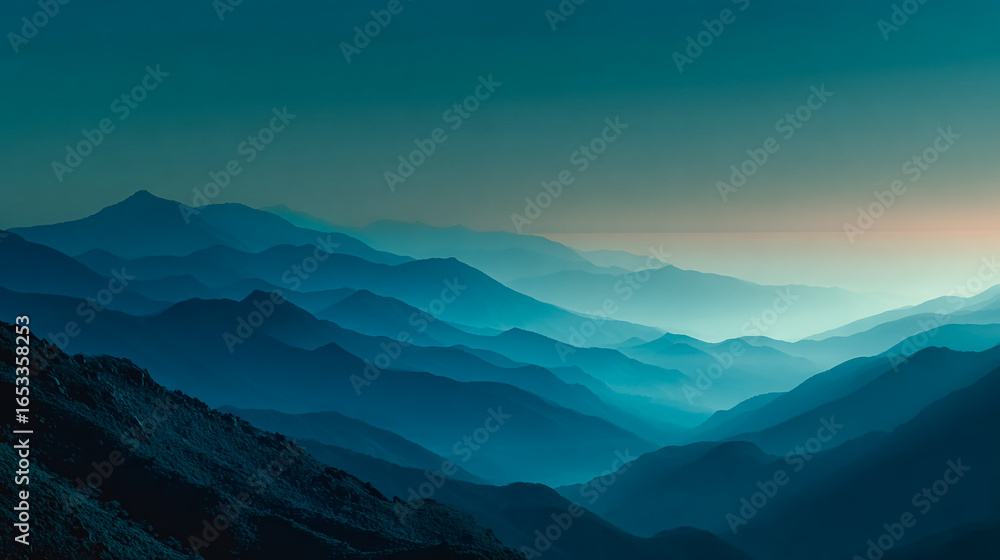 Obraz premium Misty Blue Mountains Layers Recede to Horizon. Serene landscape for web, design, backgrounds, travel, nature, lifestyle marketing, and inspirational content.