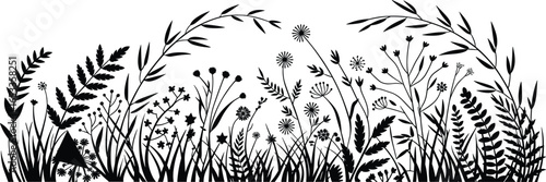 Botanical plant silhouettes, black white, flower shapes, leaf designs, wild garden, nature art, floral stems, meadow scene, artistic foliage, petal variety, stylized plants