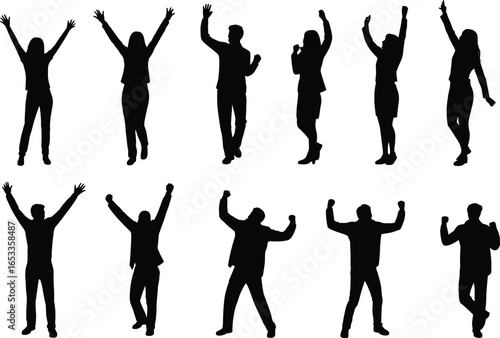 Celebration silhouettes, people in victory poses, raised arms, clenched fists, black vector icons, joyful movement, dynamic gesture, achievement concept, illustration