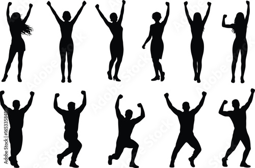 Celebration silhouettes, victorious poses, raised arms, flexed posture, joyful movement, black vector icons, human triumph, body gesture, white background, emotion