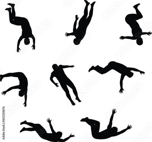 Falling human silhouettes, tumbling poses, extended limbs, dynamic motion, black vector icons, freefall movement, anatomy study, animation reference, white background