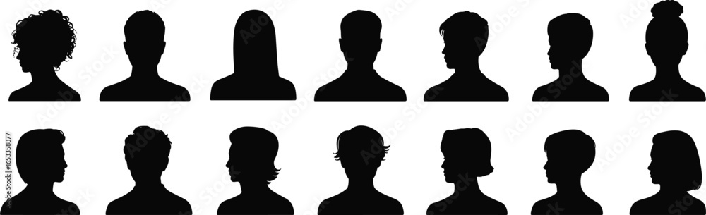 Fototapeta premium Human head silhouettes, hairstyle variation, black vector icons, male female profiles, head shape design, white background, identification, educational use