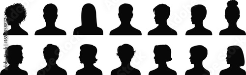Human head silhouettes, hairstyle variation, black vector icons, male female profiles, head shape design, white background, identification, educational use