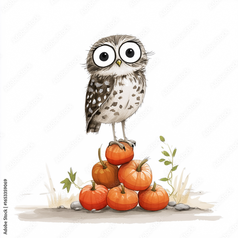 Obraz premium Cute watercolor owl standing on a pile of pumpkins, isolated on white background.