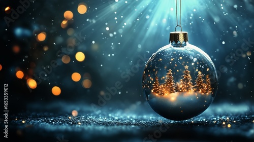 Sparkling Christmas Ornament With Snowy Trees and Warm Lights