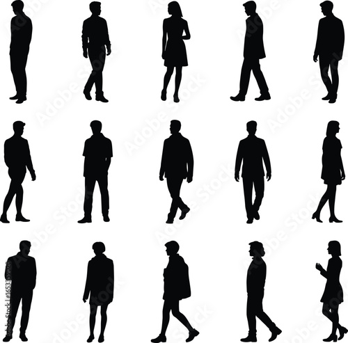 Human silhouette set, walking and standing poses, male and female figures, profile and frontal views, black vector icons, posture reference, design