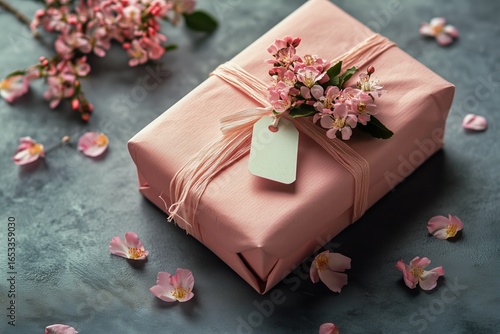 Gift Wrapped in Pink With Flowers on Blue Background for a Special Occasion.