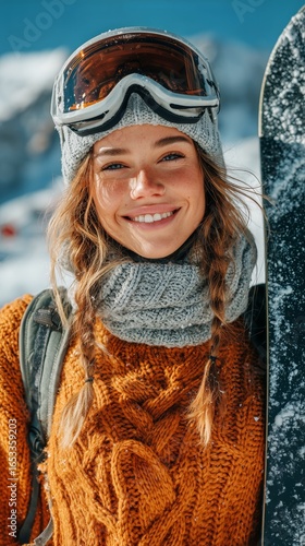 Snowboarder Smiles at Mountain Resort During Sunny Winter Day.