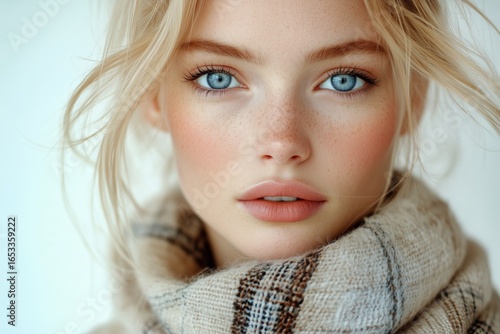 Beautiful Young Woman With Blue Eyes Wearing a Cozy Scarf Against a Light Bac...