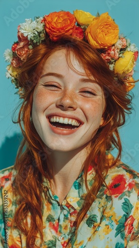 Young Woman Smiling Brightly With Floral Crown in Sunny Outdoor Setting.