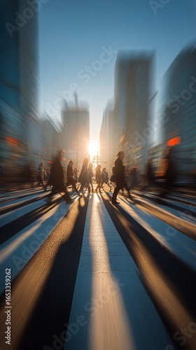 Busy City Street With Silhouettes Crossing at Sunset Casting Long Shadows