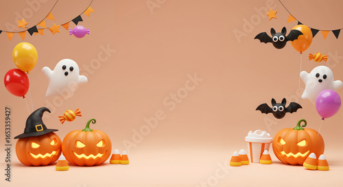 Flat design Halloween background with pumpkins, black cats, bats and spooky spider webs