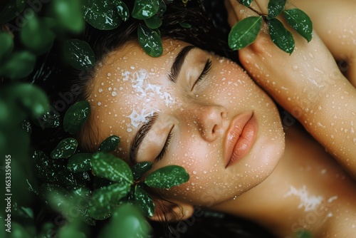 Woman Relaxing in Nature With Water Droplets on Her Face Surrounded by Green ...