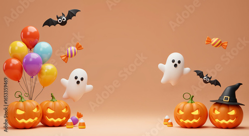 Minimalist Halloween seamless pattern with black cats, pumpkins, spider webs, bats and candy corn