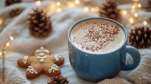 Cozy Winter Setting With Gingerbread Cookie and Hot Cocoa by Warm Lights