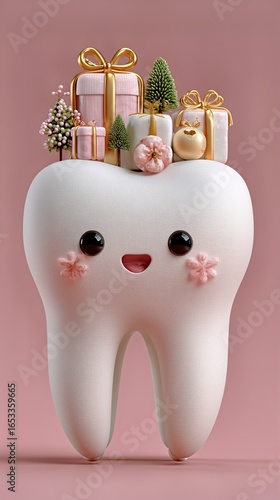 Happy Tooth With Festive Decorations and Gifts in a Pastel Setting
