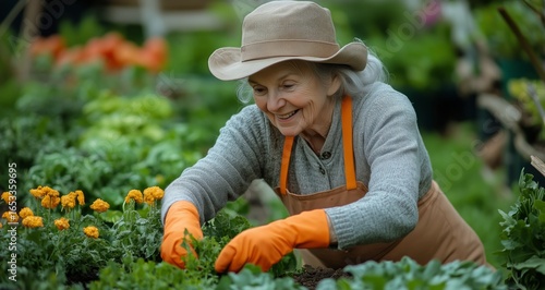 Elderly Woman Gardening Happily Among Colorful Flowers in a Sunny Greenhouse