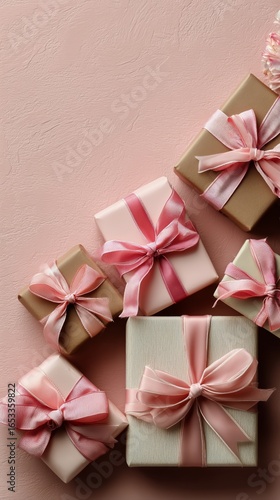 Colorful Gift Boxes Arranged With Flowers on a Textured Background for Specia...