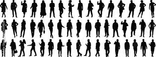 Silhouettes of people standing, walking, gesturing, phone call, briefcase, bag, posture, black figures, white background, business, casual attire