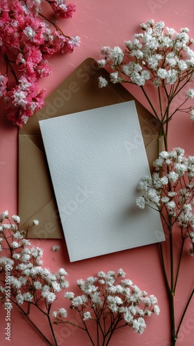 Beautiful Flat Lay of Blank Stationery Surrounded by Delicate Flowers on a Pi...
