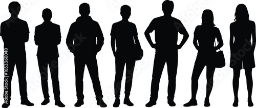 Silhouettes of people, standing side by side, diverse postures, human shapes, holding bags, fashion, behavior, design, personality, attire