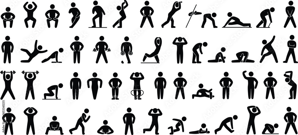 Naklejka premium Stick figure exercise icons, fitness poses, yoga movements, stretching, weightlifting, workout routine guide, black vector set, physical activity illustration