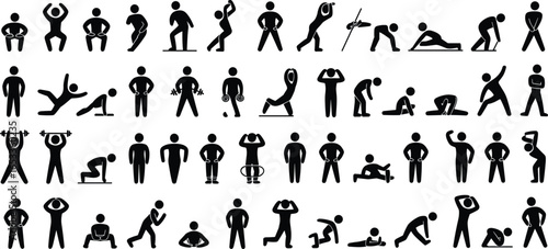 Stick figure exercise icons, fitness poses, yoga movements, stretching, weightlifting, workout routine guide, black vector set, physical activity illustration