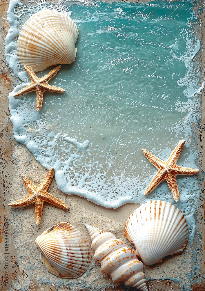 Fototapeta premium Wakacyjny motyw. Ramka z muszelek, rozgwiazd i piasku. Fale morza w tle. Dużo wolnego miejsca na tekst.