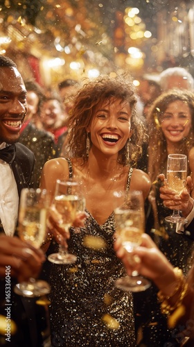 Celebration at a Glamorous Party With Friends Enjoying Drinks in a Festive At...