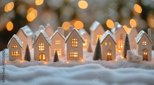 Winter Village Display With Glowing Houses and Decorative Trees During Holida...