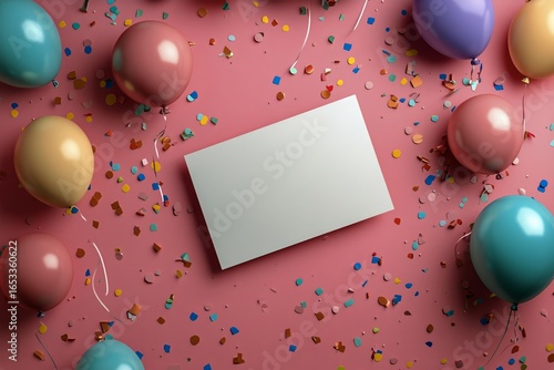 Colorful Balloons and Confetti Surrounding a Blank Card on a Pink Background ...