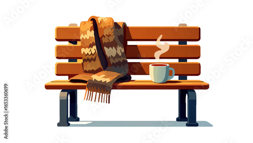 Warm Drink and Scarf on Park Bench

