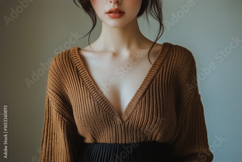 Model Poses in Stylish Brown Sweater, Showcasing Contemporary Fashion and Ele...