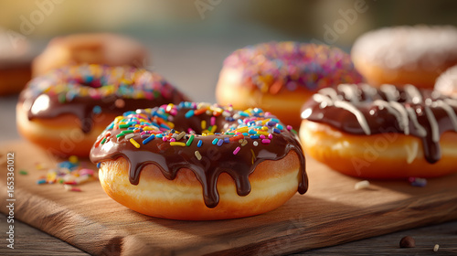 Delicious Doughnuts with Colorful Flavors and Toppings, Assorted Donuts Background, Variety of Doughnuts in Different Flavors and Colors, Sweet Donuts in Multiple Flavors, Glazes, and Toppings