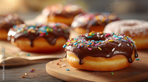 Delicious Doughnuts with Colorful Flavors and Toppings, Assorted Donuts Background, Variety of Doughnuts in Different Flavors and Colors, Sweet Donuts in Multiple Flavors, Glazes, and Toppings