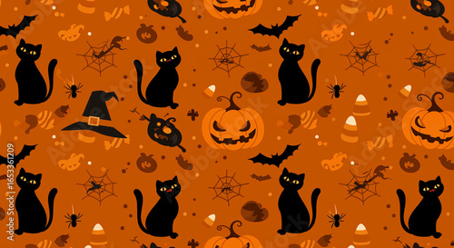 Halloween wallpaper with smiling pumpkins, big-eyed bats, candy corn and soft gradient