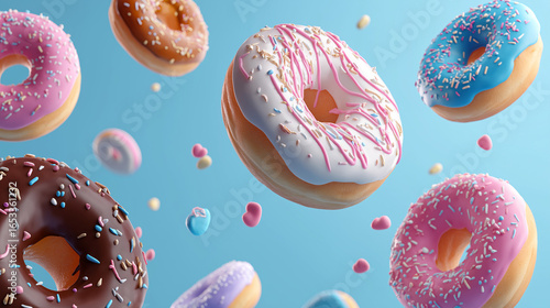 Flying Donuts, Multicolored Doughnuts with Sprinkles Floating on Blue Background, Mix of Multicolored Doughnuts with Sprinkles. Fun Sweet Design on Blue Background. Creative Dessert Art on Blue Sky