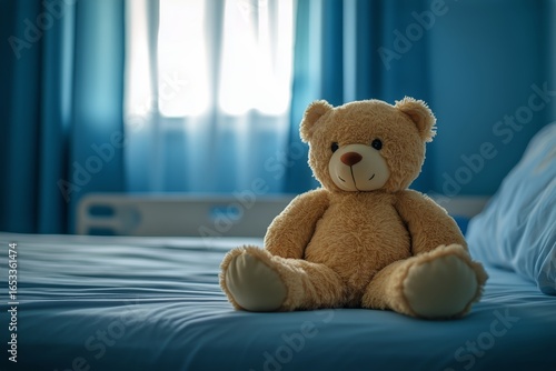 Teddy Bear Seated on Blue Bedspread in a Softly Lit Bedroom With Sheer Curtains