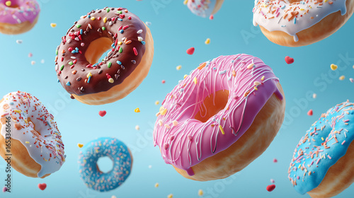 Flying Donuts, Multicolored Doughnuts with Sprinkles Floating on Blue Background, Mix of Multicolored Doughnuts with Sprinkles. Fun Sweet Design on Blue Background. Creative Dessert Art on Blue Sky
