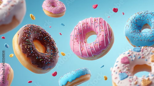 Flying Donuts, Multicolored Doughnuts with Sprinkles Floating on Blue Background, Mix of Multicolored Doughnuts with Sprinkles. Fun Sweet Design on Blue Background. Creative Dessert Art on Blue Sky