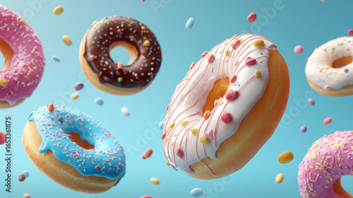 Flying Donuts, Multicolored Doughnuts with Sprinkles Floating on Blue Background, Mix of Multicolored Doughnuts with Sprinkles. Fun Sweet Design on Blue Background. Creative Dessert Art on Blue Sky