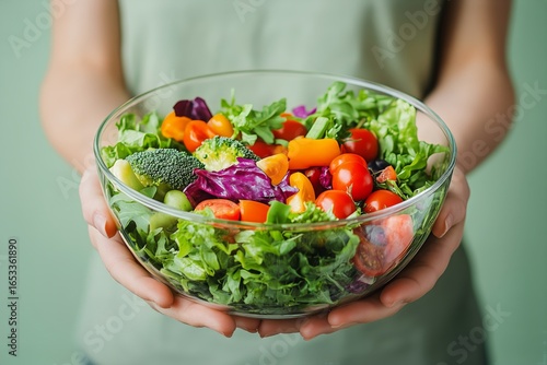 Vibrant Mixed Salad Bowl Held by Person With Fresh Vegetables and Greens in N...
