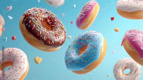 Flying Donuts, Multicolored Doughnuts with Sprinkles Floating on Blue Background, Mix of Multicolored Doughnuts with Sprinkles. Fun Sweet Design on Blue Background. Creative Dessert Art on Blue Sky