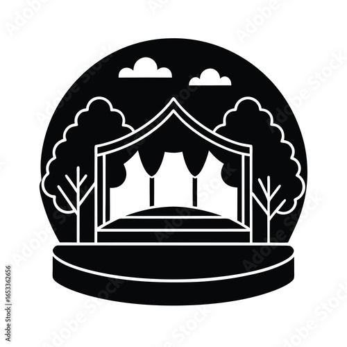 Vector art of silhouette of an outdoor stage with curtains and trees under a cloudy sky, representing performance and entertainment