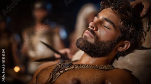 Samson sleeps in Delilah’s lap, his hair partially cut, capturing betrayal, vulnerability, and the tragic turning point of strength lost through deception..