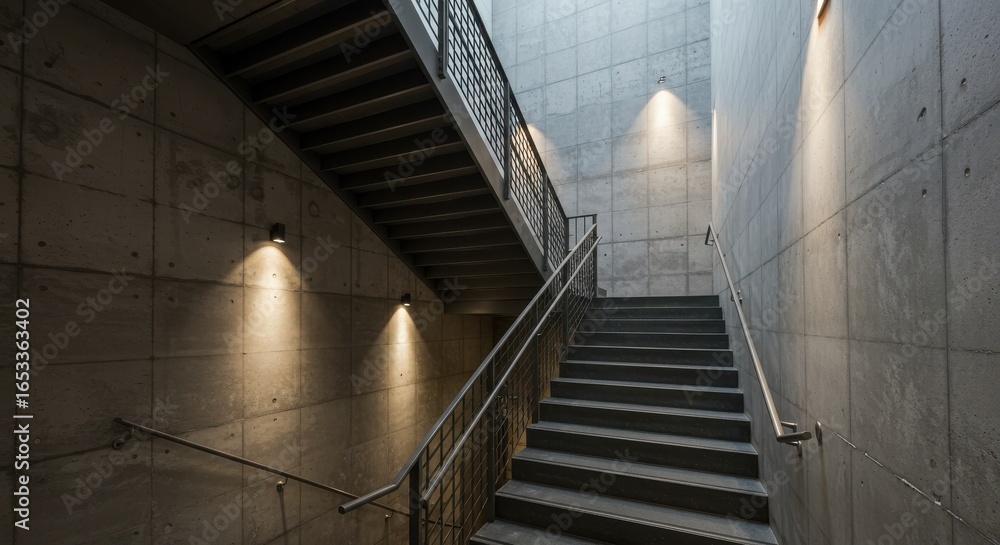 Fototapeta premium Modern concrete staircase with metal railing and spotlights