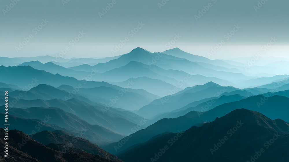 Fototapeta premium Layered blue mountain ranges recede into the distance. Evokes peace and solitude. For travel, design, web, and marketing uses.