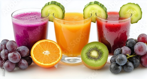 Refreshing Fruit and Vegetable Juices in Vibrant Glasses With Fresh Garnishes...