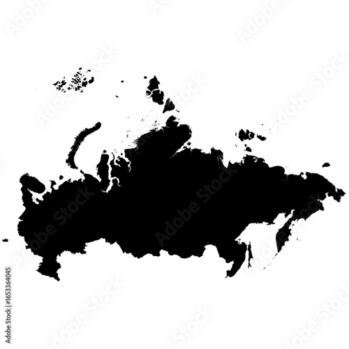 Editable black vector silhouette map of Russia, the world’s largest country, showing its vast expanse across Eastern Europe and northern Asia.
