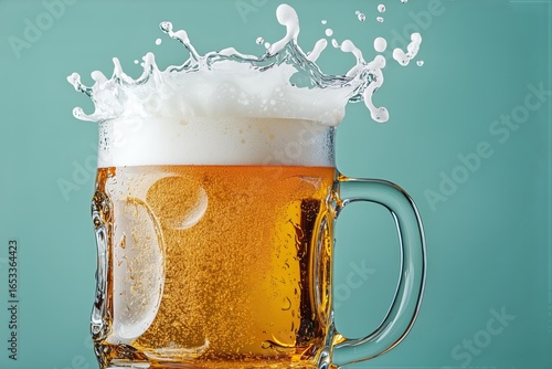 Refreshing Beer With Foam Splashing in a Clear Glass Mug Against a Turquoise ...